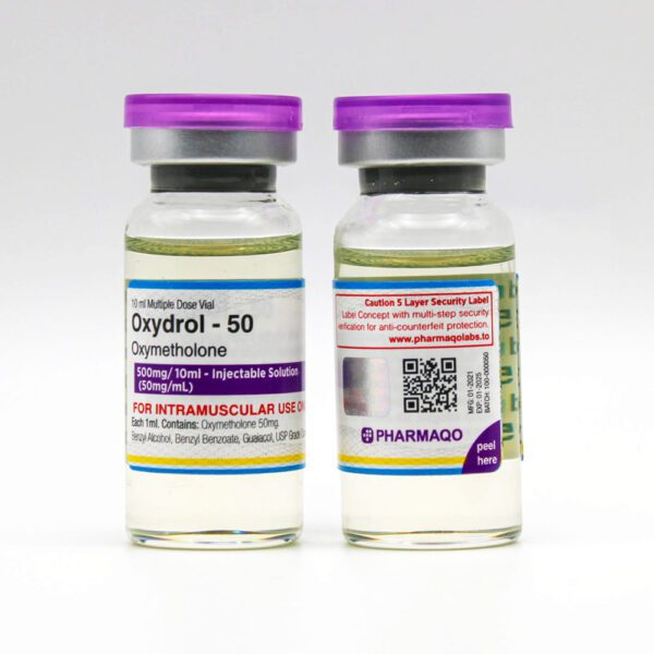 Pharmaqo Oxydrol - 50 Oxymetholone 500mg injectable solution front and back view with anti-counterfeit label. Ensure product authenticity with Pharmaqo.