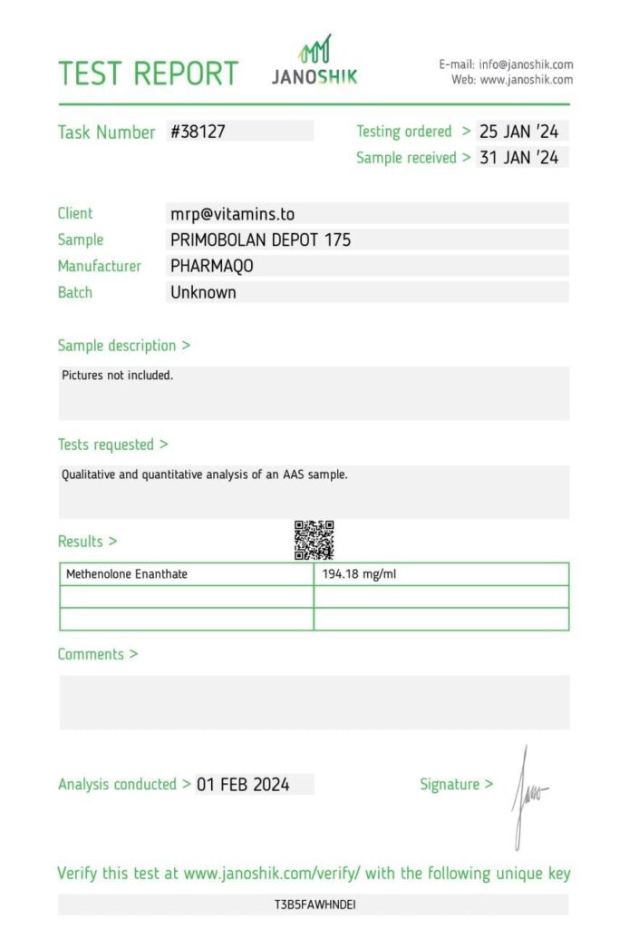 PRIMOBOLAN Depot 175 lab test report | Pharmaqo.to