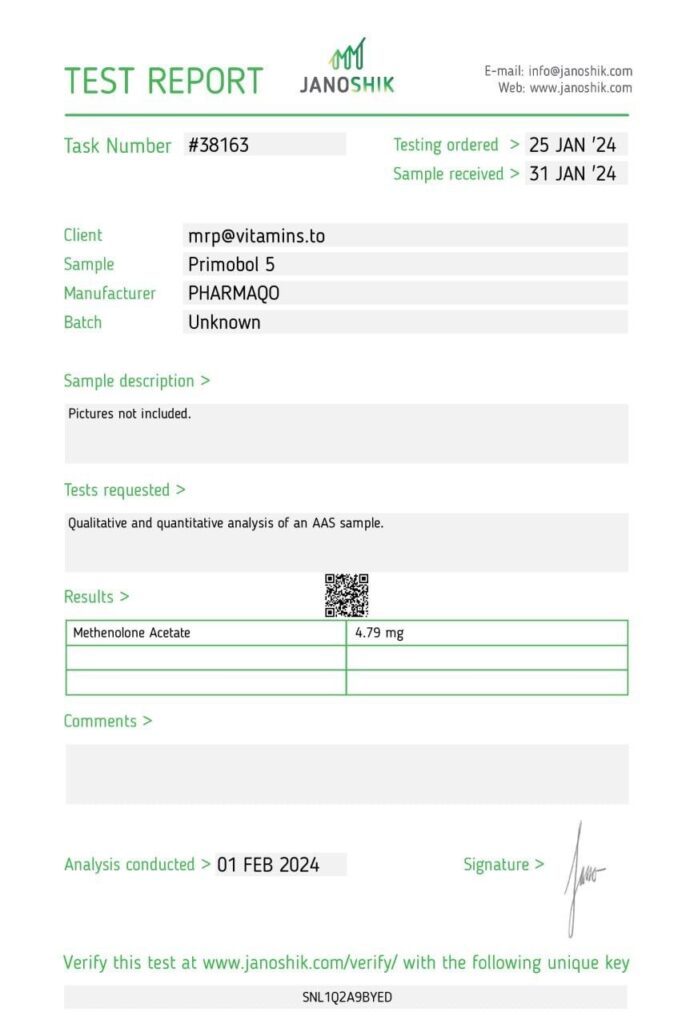 Buy PRIMOBOL 5 online - Pharmaqo lab test reports