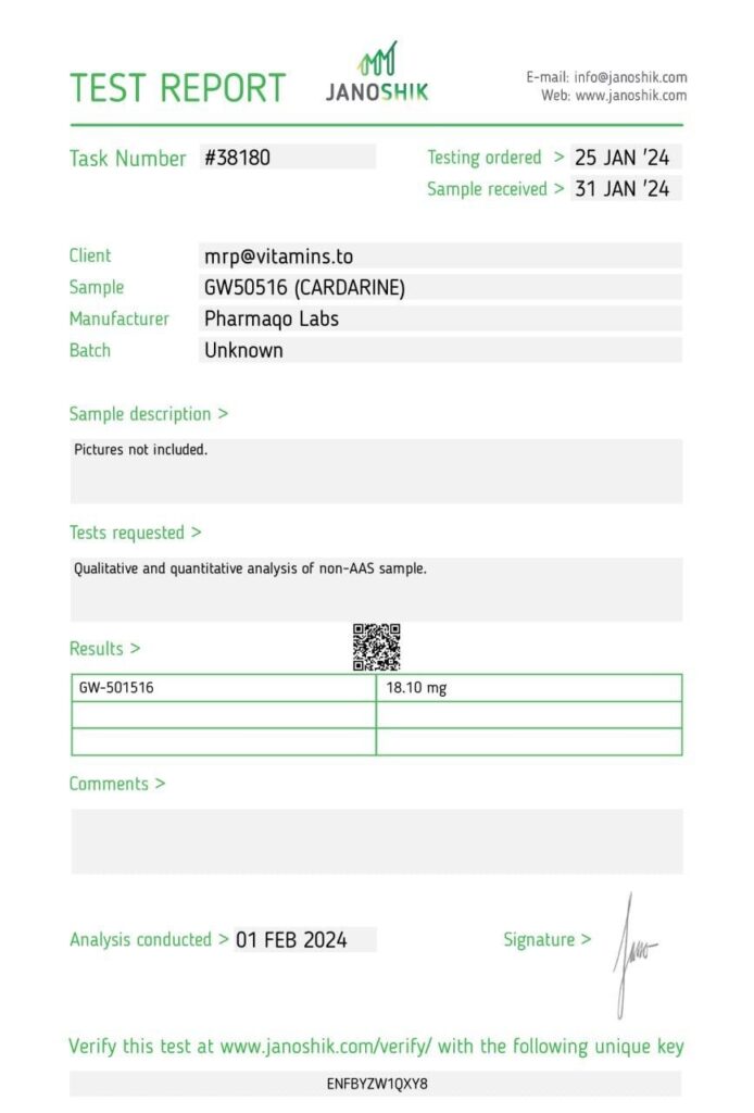 Buy GW50516 (CARDARINE) online - Pharmaqo lab test reports