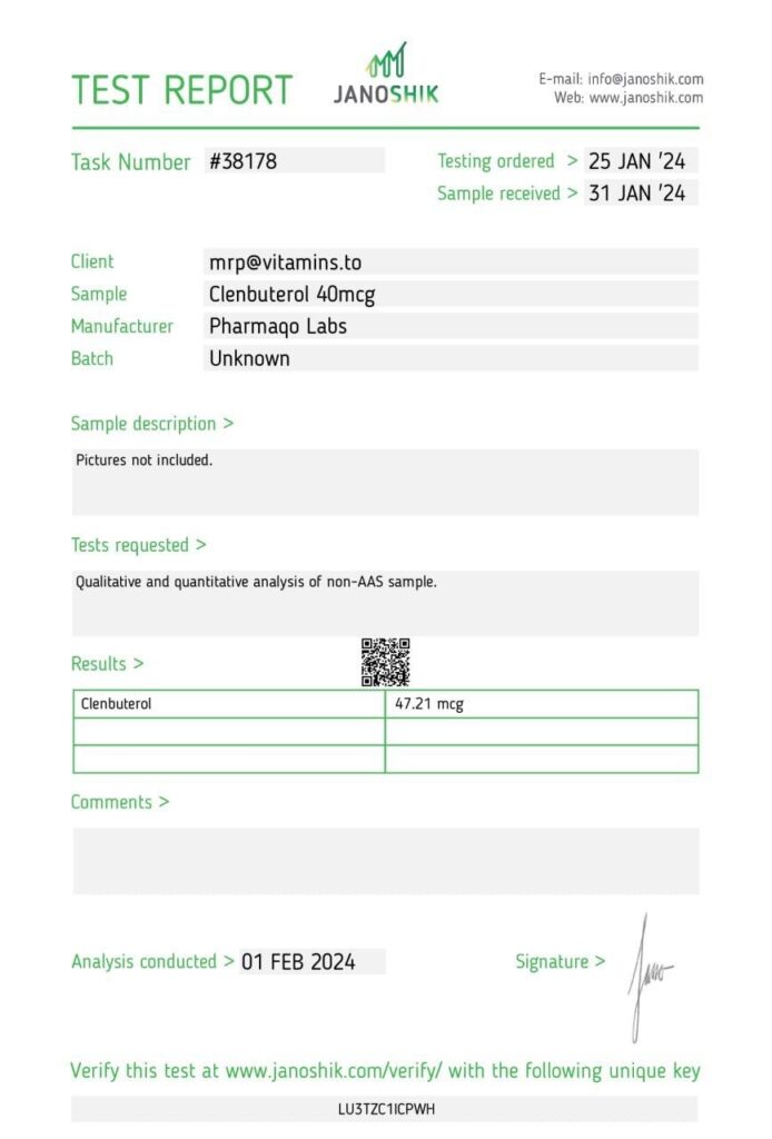 Buy CLENBUTEROL 40MCG online - Pharmaqo lab test reports